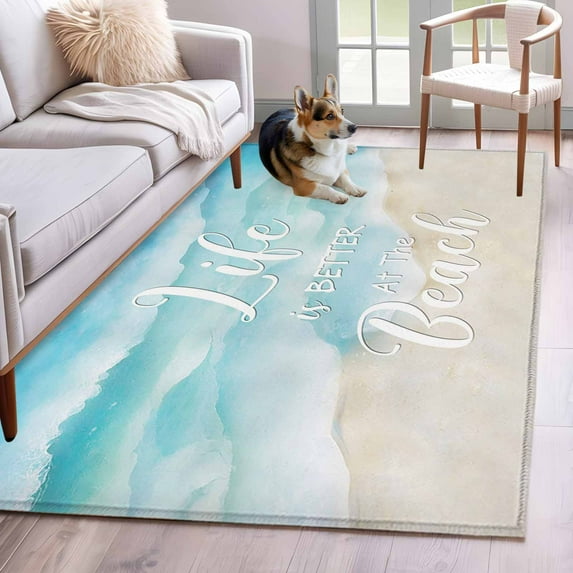 Blue Waves 3'x5' Washable Rug, Summer Beach Coastal Nautical Ocean Non-Slip Area Rugs for Entryway Kitchen Classroom, StainResistant Dorm Throw Carpet, Low Pile Soft Indoor Floor Mat