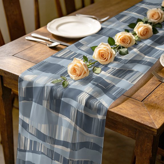 Blue Waves 4.5 ft Cheesecloth Table Runner for Wedding 19"x55", Coastal Abstract Indigo Curvy Lines Kitchen Dinner Sheer Tulle Chiffon Dresser Scarf, Holiday Party Decorations