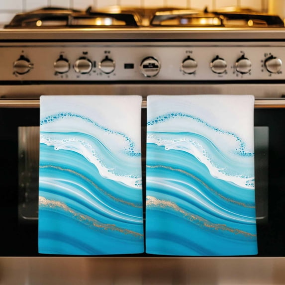 Blue Waves Abstract Kitchen Towels Set of 2, Modern Water Ripple Striped Absorbent Dish Towels for Kitchen, Microfiber Hand Towel, Quick Drying Tea Towel for Cleaning Decorative Dishcloths