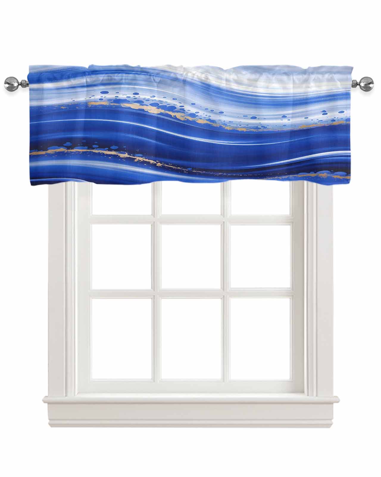 Blue Waves Abstract Kitchen Valances for Windows Farmhouse Linen Window Valance Curtain for Living Room Window Treatment Ocean Fluid Gradient Luxury Valance Rod Pocket Topper Drape, 54 x 18 Inch