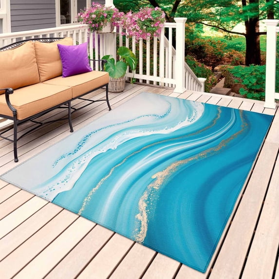 Blue Waves Abstract Outdoor Rug for Patio/Deck/Porch, Non-Slip Large Area Rug 6 x 9 Ft, Modern Water Ripple Striped Indoor Outdoor Rugs Washable Area Rugs, Reversible Camping Rug Carpet Runner