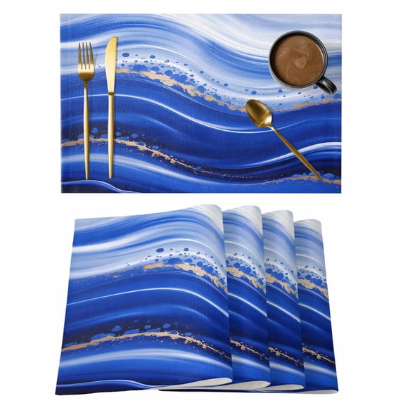 Blue Waves Abstract Placemats Set of 4, Ocean Fluid Gradient Luxury Placemats for Dining Table, Place Mats for Kitchen Tabletop, Waterproof Wipeable Dining Table Mats Set