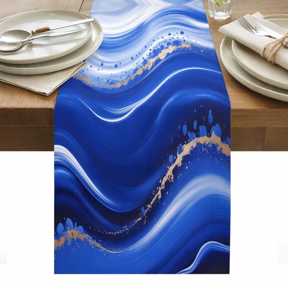 Blue Waves Abstract Table Runner - 36 Inch Long, Kitchen Dining Table Runner Dresser Scarves, Ocean Fluid Gradient Luxury Farmhouse Decor for Coffee Tables Wedding Party Banquet