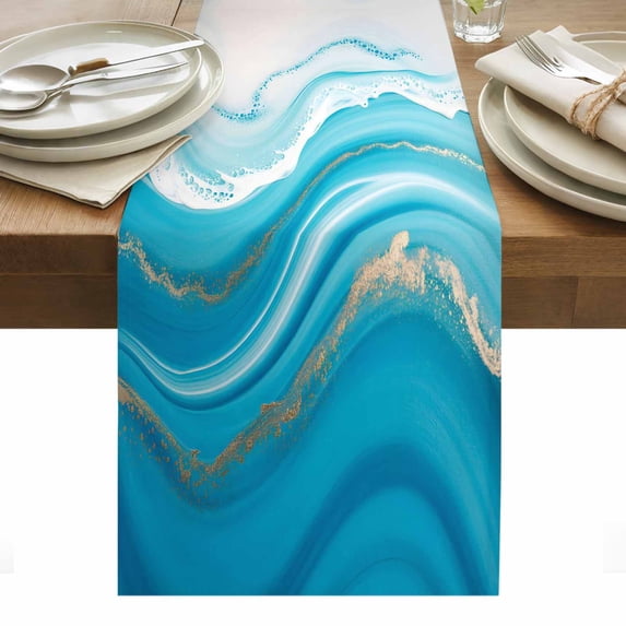 Blue Waves Abstract Table Runner - 90 Inch Long, Kitchen Dining Table Runner Dresser Scarves, Modern Water Ripple Striped Farmhouse Decor for Coffee Tables Wedding Party Banquet