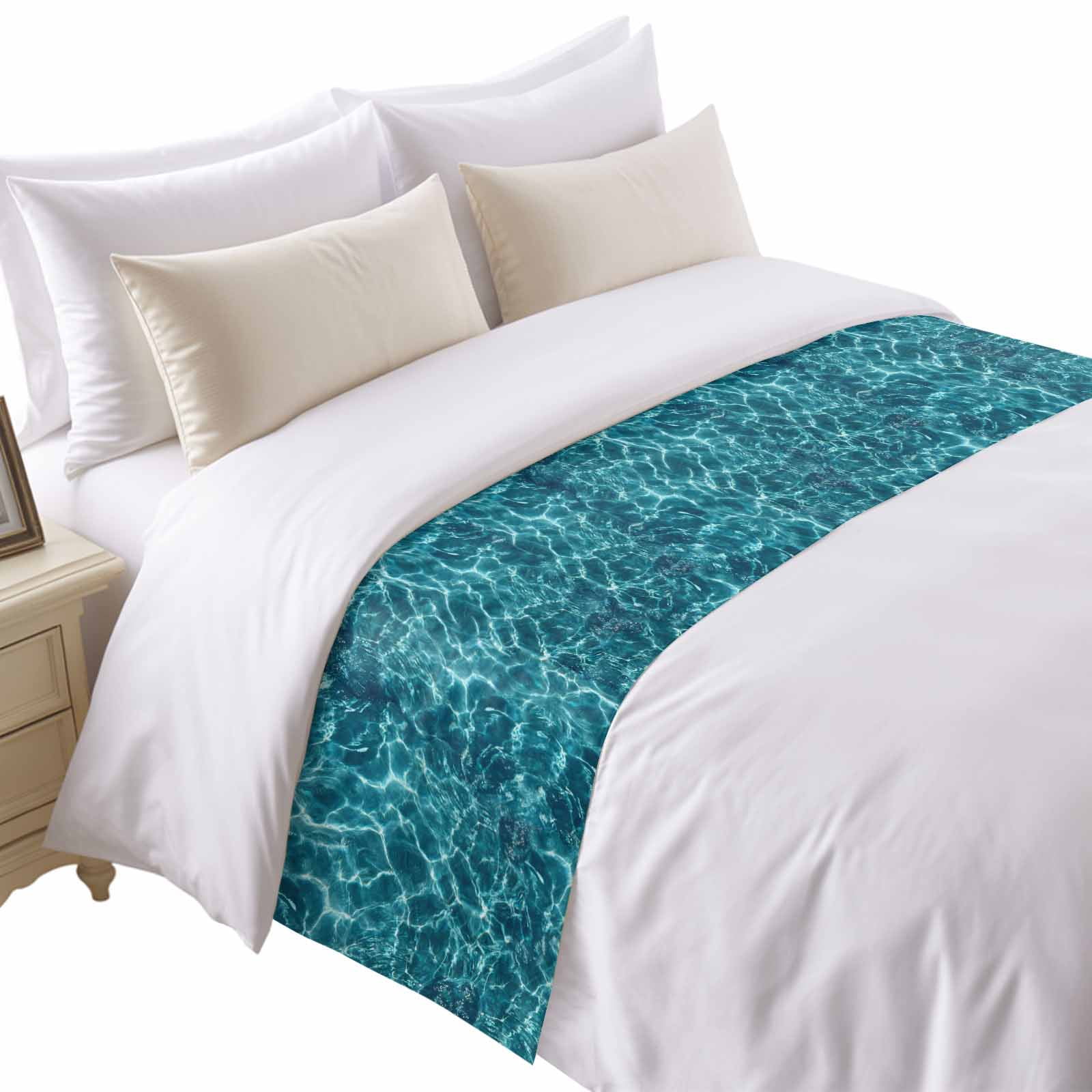 Blue Waves Bed Runner for Cal King Size Bed, Seawater Ocean Ripple ...