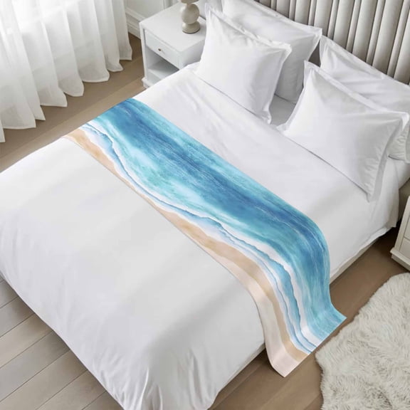 Blue Waves Bed Runner, Satin Bed Throw Runner for Twin Size Beds, Gradient Beach Abstract Oil Painting Art Decorative Bedding Dresser Scarf for Foot of Beds Sofa Cabinet End Table 71"x20"