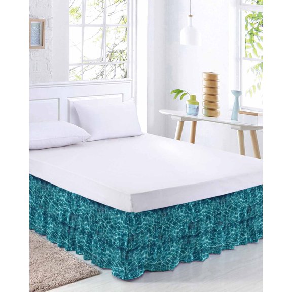 Blue Waves Bed Skirt California King Size 18 Inch Drop, Seawater Ocean Ripple Modern Simple Adjustable Elastic Dust Ruffles Bedskirt Wrap Around Pleated Mattress Frame Cover
