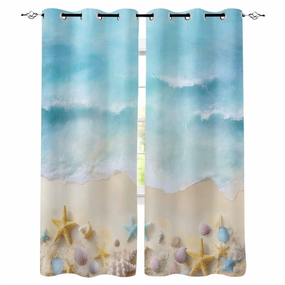 Blue Waves Black Out Curtains 63 Inch Long, Room Darkening Draperies Curtains Panels, Summer Beach Starfish Coastal Nautical Ocean Thermal Insulated Curtain for Bedroom Living Room 52"x63" 2 Panels