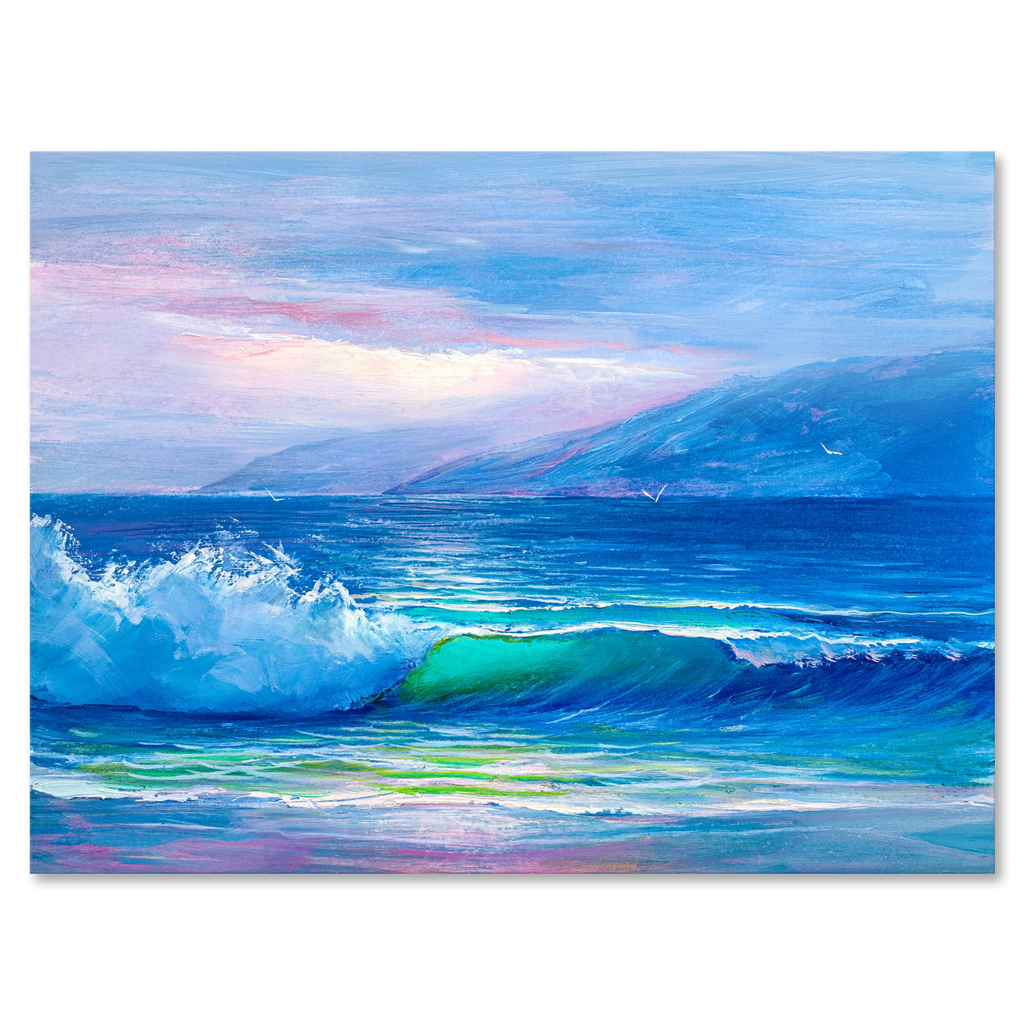 Blue Waves Breaking At The Beach Landscape II 32 in x 16 in Painting Canvas Art Print, by Designart