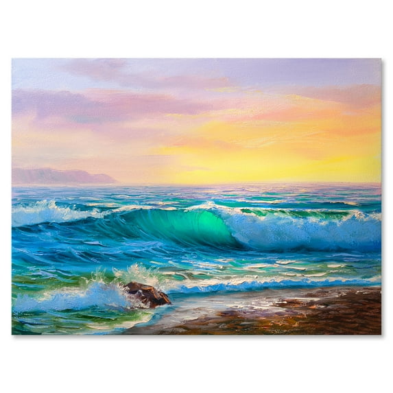 Blue Waves Breaking At The Beach Landscape IV 32 in x 16 in Painting Canvas Art Print, by Designart