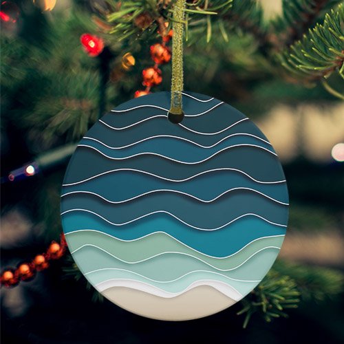 Blue Waves Ceramic Ornaments, Rustic Abstract Beach Ombre Stripes Art Round Porcelain Hanging Ornaments with Gold String, Xmas Decorations Keepsake Gifts for Holiday Home Party 3''