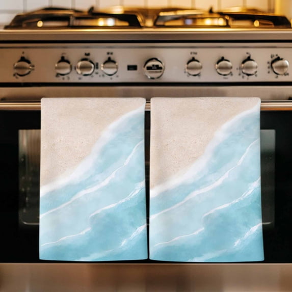 Blue Waves Coastal Kitchen Towels Set of 4, Summer Beach Ocean Seaside Absorbent Dish Towels for Kitchen, Microfiber Hand Towel, Quick Drying Tea Towel for Cleaning Decorative Dishcloths