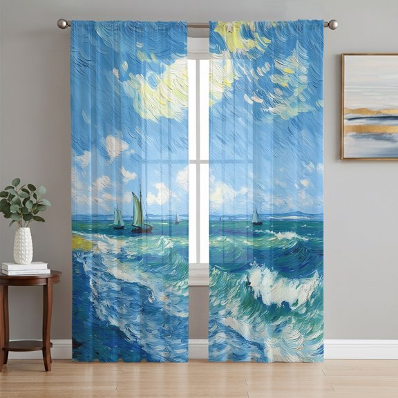 Blue Waves Coastal Semi Sheer Curtains 63 Inch Length 2 Panels Set, Nautical Boat Summer Seaside Sheer Kitchen Curtain Privacy Voile Window Curtain for Living Room Bedroom Rod Pocket Drapes