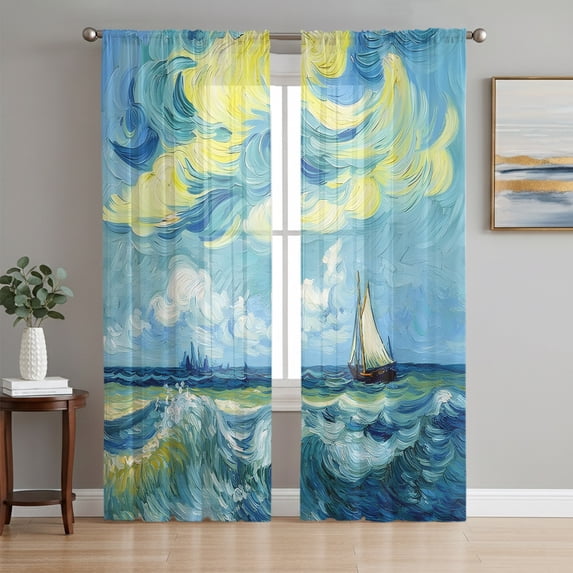 Blue Waves Coastal Sheer Curtains 72 Inch Length 2 Panels Set, Nautical Boat Summer Ocean Voile Window Treatment Rod Pocket Curtains Sheers Drapes for Bedroom/Living Room/Kitchen 52"x72"x2