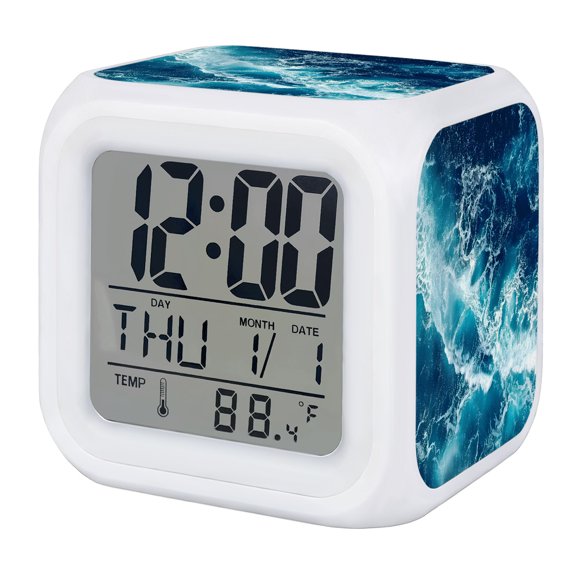 Blue Waves Digital Alarm Clock for Bedrooms, Smart LED Alarm Clock with 7 Color Changing Night Light, Modern Summer Ocean Coastal Nautical Silent Wake Up Clocks for Sleep Study Cooking 3.2"x3.2"