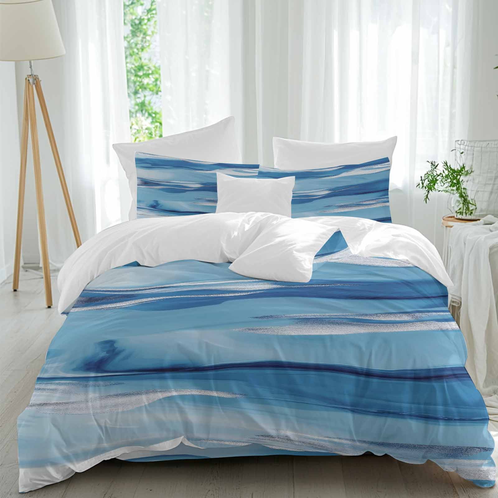Blue Waves Duvet Cover Set Full Size, Watercolor Retro Ripple 4 Piece ...