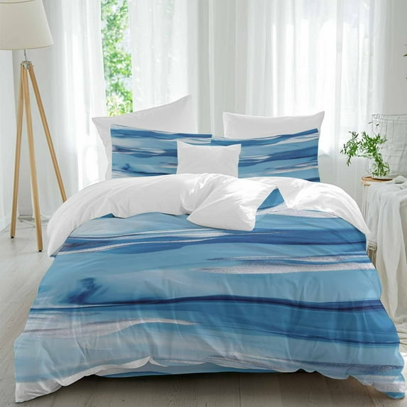 Blue Waves Duvet Cover Set Full Size, Watercolor Retro Ripple 4 Piece Soft Microfiber Bedding Set with 1 Duvet Cover, 1 Flat Sheet, 2 Pillowcases