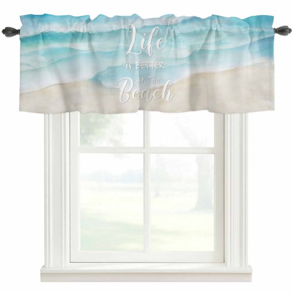 Blue Waves Farmhouse Short Window Curtain Valances, Summer Beach Coastal Nautical Ocean Rod Pocket Kitchen Valances for Living Room Bedroom Bathroom Cafe 60" x 18"