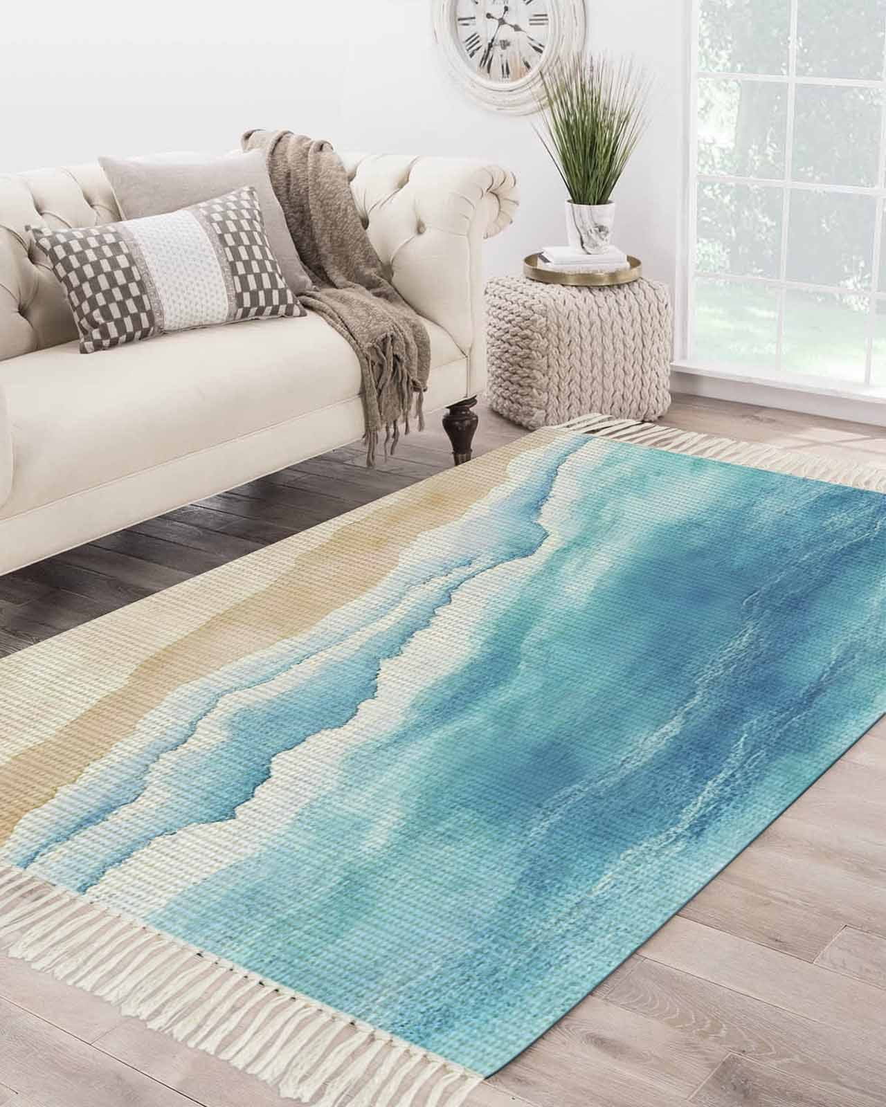 Large Abstract Rug Blue Waves Large Area Rug 4x6ft Woven Runner Rug,Gradient Beach ...
