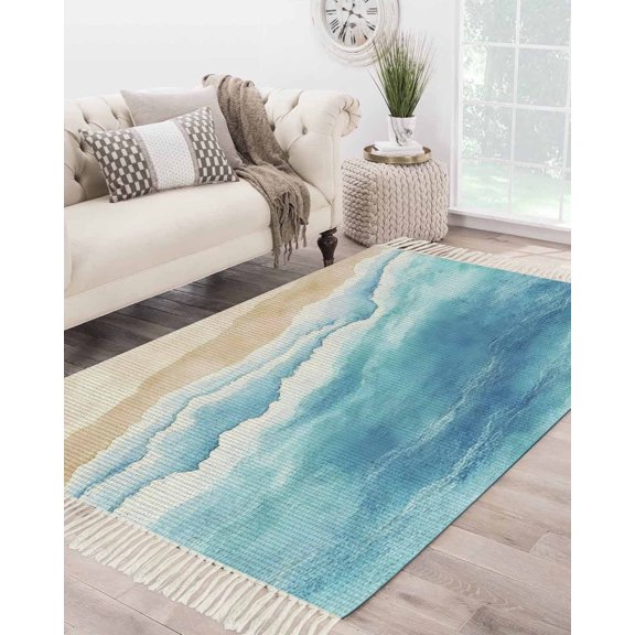Blue Waves Large Area Rug 4x6ft Woven Runner Rug,Gradient Beach Abstract Oil Painting Art Washable Living Room Bedroom Kitchen Bathroom Classroom Carpet with Tassels,Indoor Outdoor Throw Door Mat