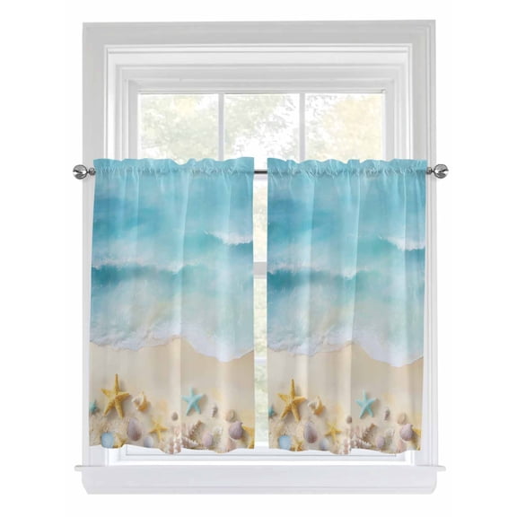 Blue Waves Living Room Curtains 2 Panel, Summer Beach Starfish Coastal Nautical Ocean Cafe Window Treatment, Farmhouse Bedroom Bathroom Kitchen Curtains Drapes 104"x54"