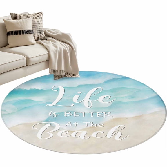 Blue Waves Round Area Rugs Collection 3', Summer Beach Coastal Nautical Ocean Non Slip Indoor Circular Throw Runner Rug Floor Mat Carpet for Living Room Dining Table Bedroom Nursery
