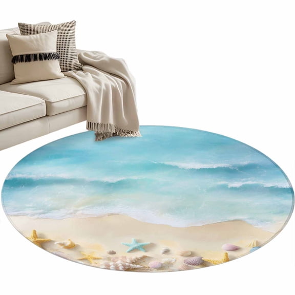Blue Waves Round Area Rugs Collection 3', Summer Beach Starfish Coastal Nautical Ocean Non Slip Indoor Circular Throw Runner Rug Floor Mat Carpet for Living Room Dining Table Bedroom Nursery