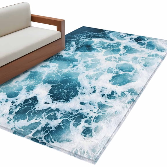 Blue Waves Seaside Kitchen Runner Rug 2.7x5 Washable Runners for Hallway Non Slip Nautical Coastal Ocean Sea Large Area Rug Indoor Floor Carpet for Bathroom Laundry Entryway Bedroom Living Room