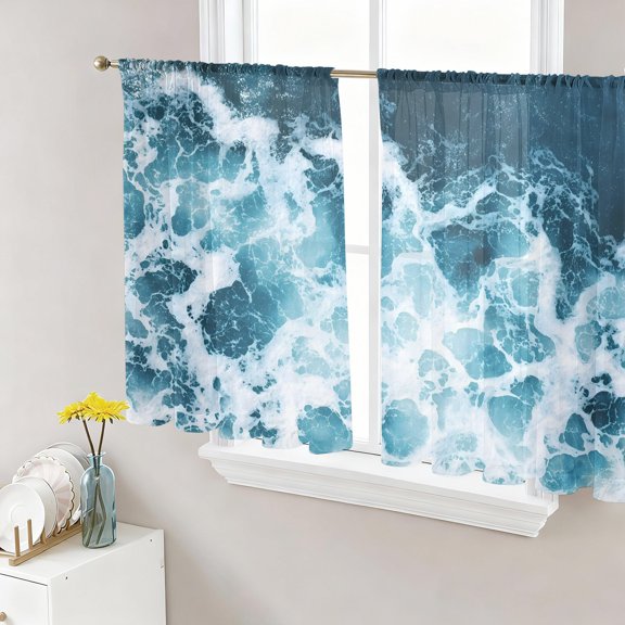Blue Waves Seaside Semi Sheer Curtains 54 Inch Length 2 Panels Set, Nautical Coastal Ocean Sea Sheer Kitchen Curtain Privacy Voile Window Curtain for Living Room Bedroom Rod Pocket Drapes