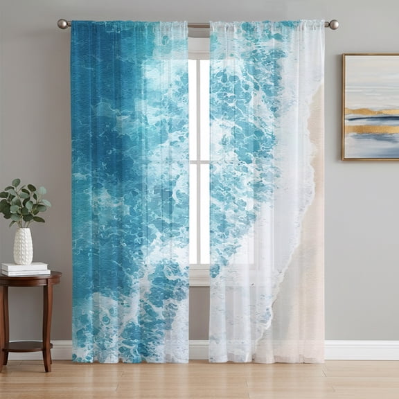 Blue Waves Seaside Semi Sheer Curtains 84 Inch Length 2 Panels Set, Coastal Nautical Summer Beach Ocean Sheer Kitchen Curtain Privacy Voile Window Curtain for Living Room Bedroom Rod Pocket Drapes