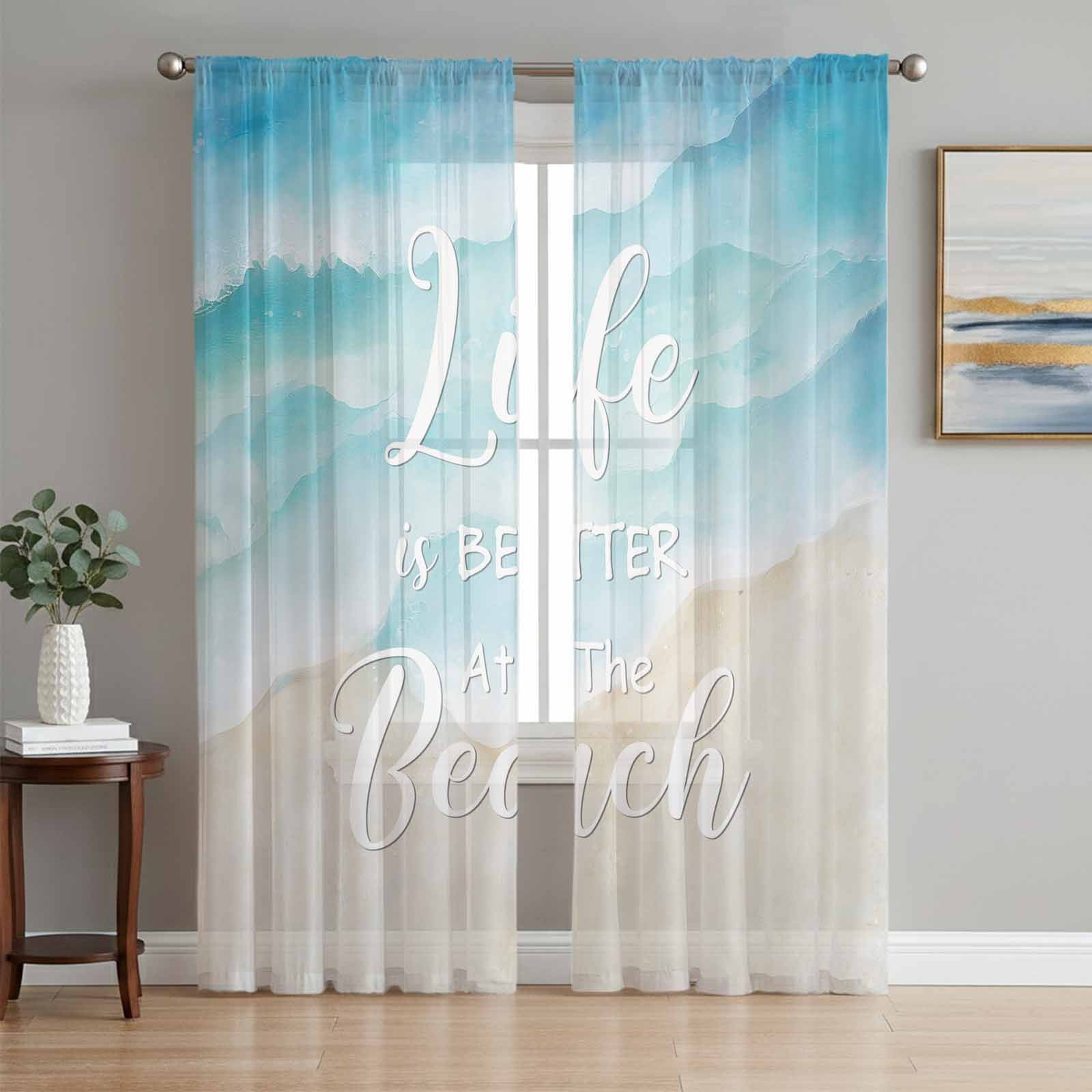 Blue Waves Sheer Curtains 72 Inch Length 2 Panels Set, Summer Beach ...