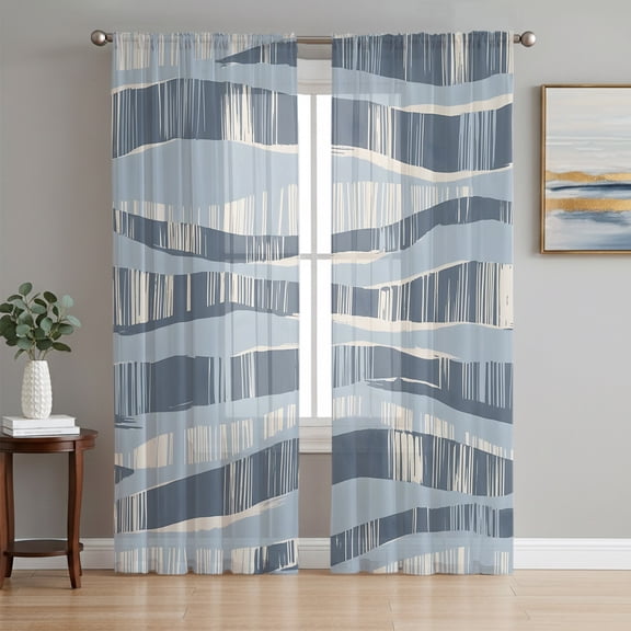 Blue Waves Sheer Curtains for Living Room Bedroom, Coastal Abstract Indigo Curvy Lines Light Filtering Sheer Curtain Rod Pocket Voile Window Treaments Drapes, 52 x 108 Inches