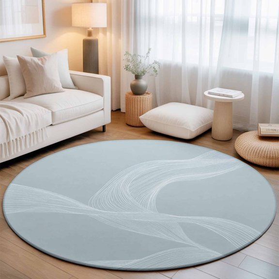 Blue Waves Small Round Rug 3Ft Abstract Minimalist Flowing Pale Blue Lines Area Rugs Washable Non Slip Indoor Floor Mats Circle Carpet for Living Room Bedroom Dining Room Home Decor