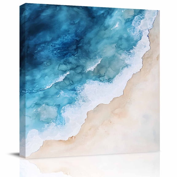 Blue Waves Summer Beach Canvas Artwork Painting Art, Gradient Water Ripples Square Framed Wall Decorations Prints Picture for Bedroom Kitchen Living Room, 8x8 in