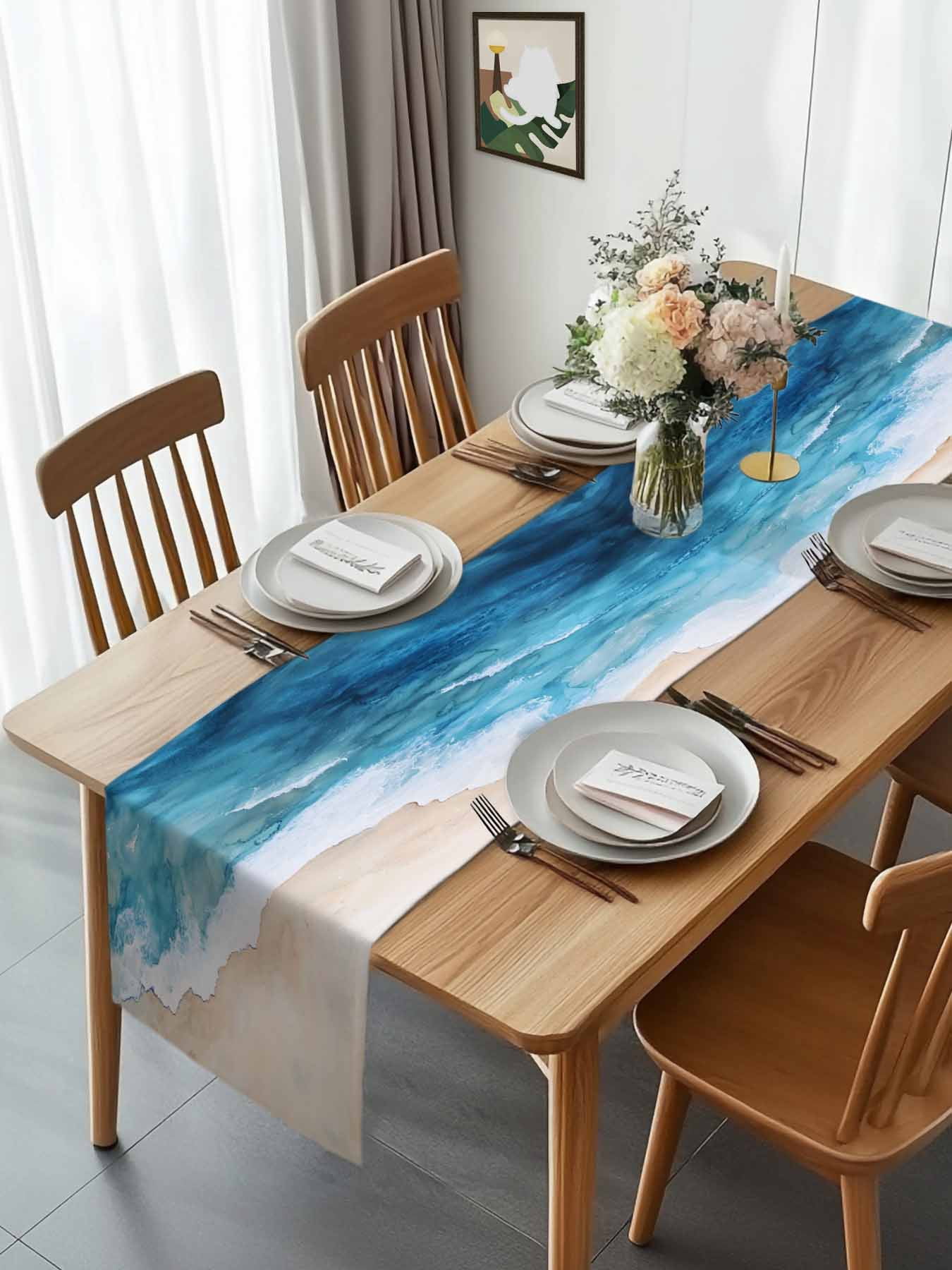 Blue Waves Summer Beach Table Runner 90 Inches Long, Gradient Water Ripples Table Runners Tabletop Scarf Kitchen Dining Tables Decoration for Home Party Indoor Outdoor