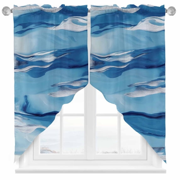 Blue Waves Swag Curtain Valance for Windows, Watercolor Retro Ripple Window Treatments Short Swag Topper for Kitchen Windows Bathroom Bedroom, 36"x63"