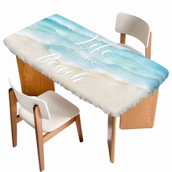 Blue Waves Table Cloths for 4 Foot Rectangle Tables, Summer Beach Coastal Nautical Ocean Patio Waterproof Elastic Fitted Tablecloths, Washable Rectangular Table Cover for Camping