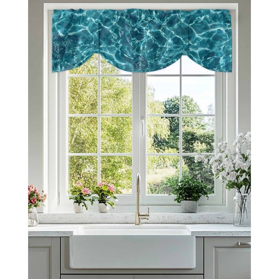 Blue Waves Tie Up Valances Curtain, Adjustable Kitchen Seawater Ocean Ripple Modern Simple Valances for Windows Decor, Rod Pocket Short Curtains Set for Bedroom/Bathroom, 42"x12"