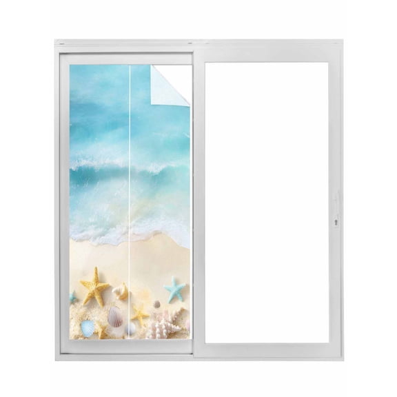 Blue Waves Window Privacy Film, Summer Beach Starfish Coastal Nautical Ocean Static Cling UV Sun Blocking Tint Film Heat Control Windows Films for Bedroom Bathroom, Window Stickers 23.6"x59"