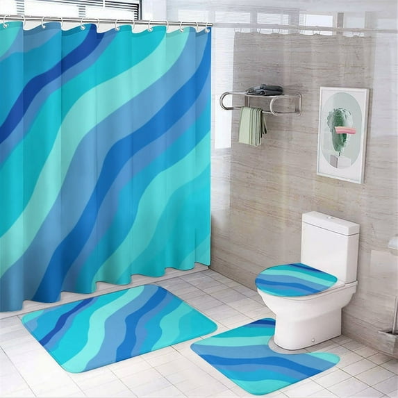 Blue Wavy Abstract Art Shower Curtain Sets Non-Slip Rugs Bath Mat Toilet Cover U Shaped Mat 4 Pcs