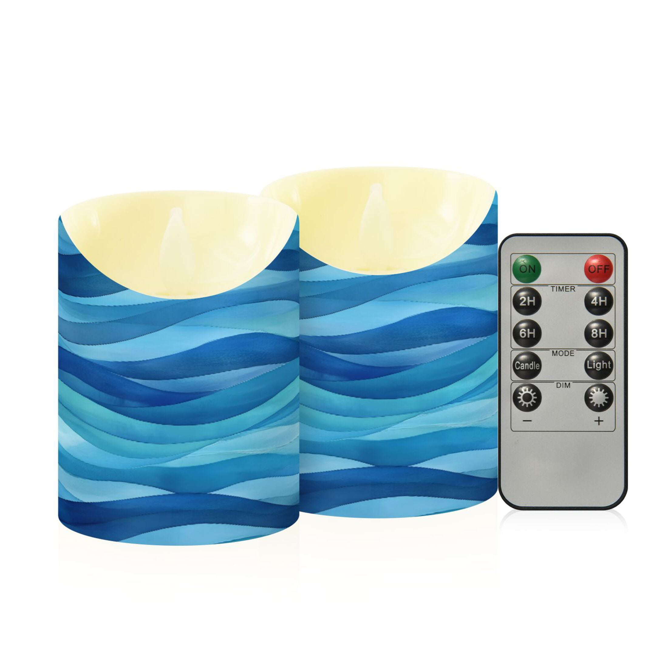 Blue Wavy Art Pattern Flameless Candles 2 PCS with Remote Realistic Moving Flame LED Tapered Pillar Set for Home Decor
