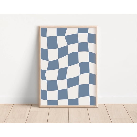 Blue Wavy Checkerboard Print, Retro Wall Art, Unframed Paper Poster 8x10in