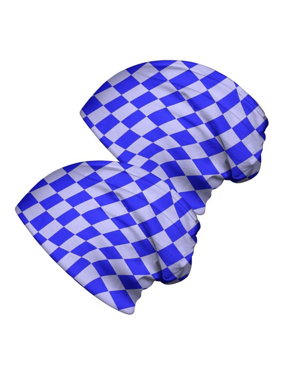 Blue Wavy Checkered Pattern 2 Pack Slouchy Beanie Hat, Warm Winter Skull Cap with Stretchy Fabric & Soft Texture, Stretchy Polyester Gifts for Birthday Christmas Thanksgiving