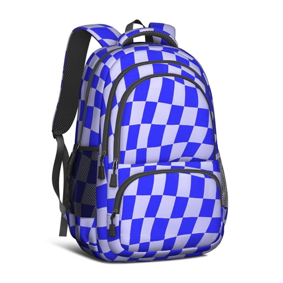 Blue Wavy Checkered Pattern Backpack for School, Cute School Bag with Adjustable Shoulder Straps and Padded Back, 16.9"x12.6"x5.9"