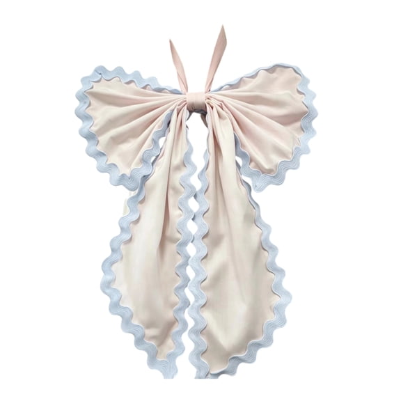 Blue Wavy Edge Fabric Bow Decor, Large Hanging Ribbon Bow Ornament, Wrinkle Resistant Polyester Bow, Multi-Purpose Decor For Curtain Tieback, Wall Door, Birthday Party Decoration