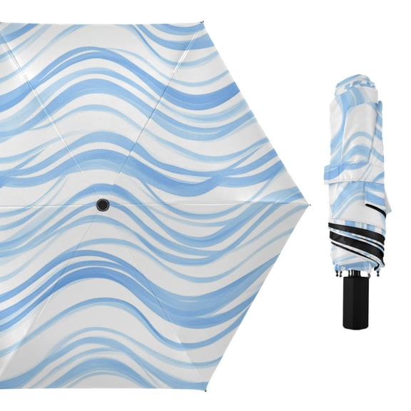 Blue Wavy Line Pastel Colored All Weather Umbrella Triple Folding Parasol 6 Ribs UV Protection Portable