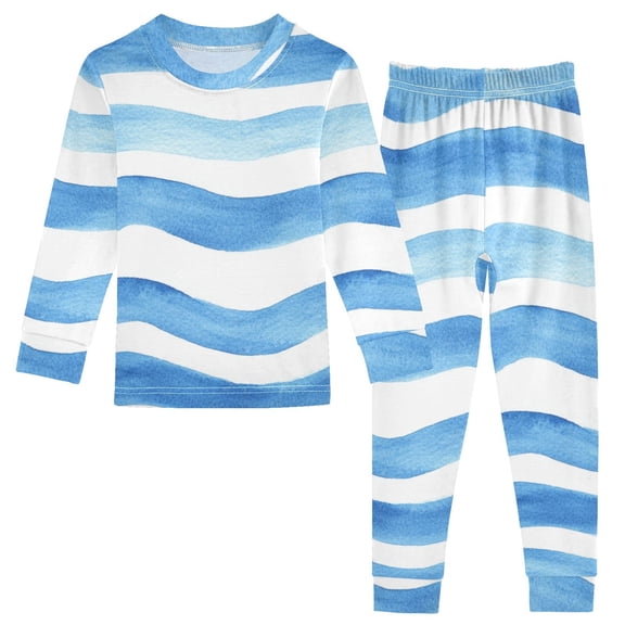 Blue Wavy Line Watercolor Cotton Pajama Set Long Sleeve Top and Pants Sleepwear Unisex 24M