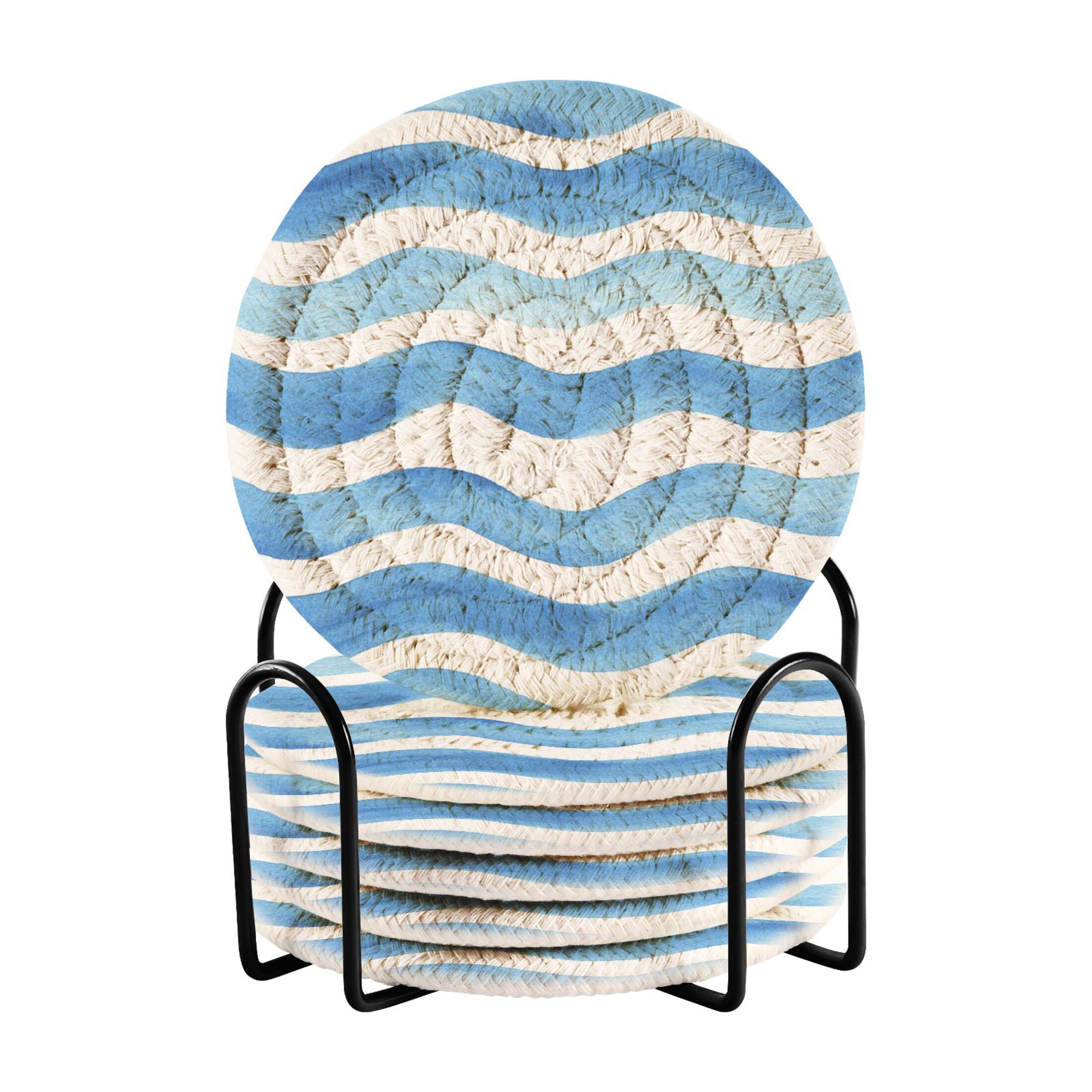 Blue Wavy Line Watercolor Drinking Coasters Cup Mat with Holder for ...