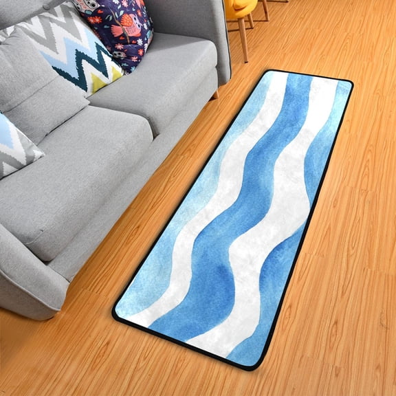 Blue Wavy Line Watercolor Long Floor Mat Runner Rug Area Mat Noise Reduction Water Absorbent Non-Slip 72" x 24"