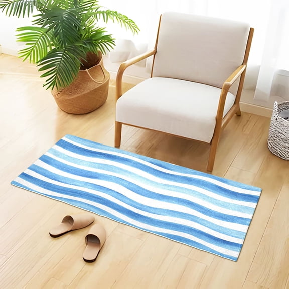 Blue Wavy Line Watercolor Plush Carpet Non Slip Runner Rug Absorbent Bath Mat 39" x 20"
